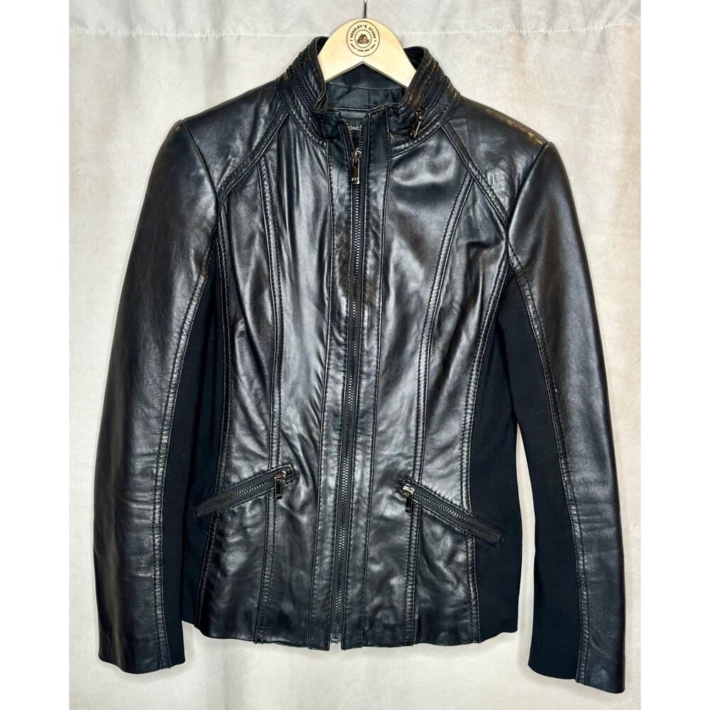 Jones New York Black Genuine Leather Jacket Womens Small Moto Zip Front